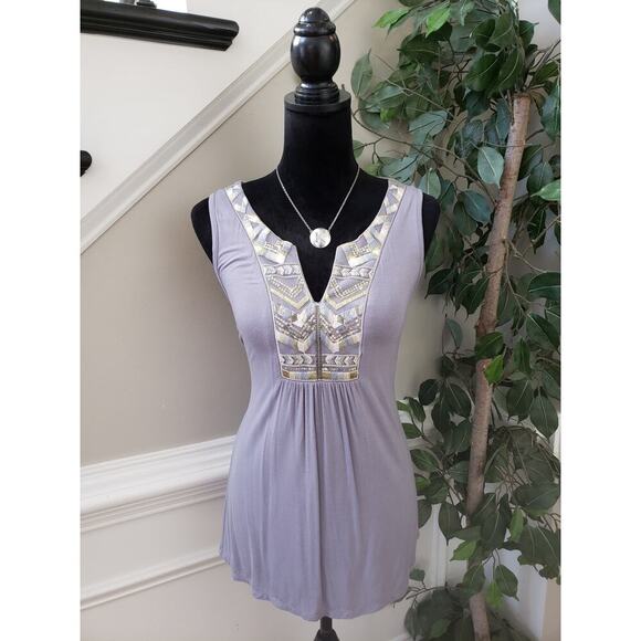 BOHO Knox Rose Tank Top Womens XS Purple Pleated Embellished Flowing Split Neck - Picture 1 of 11